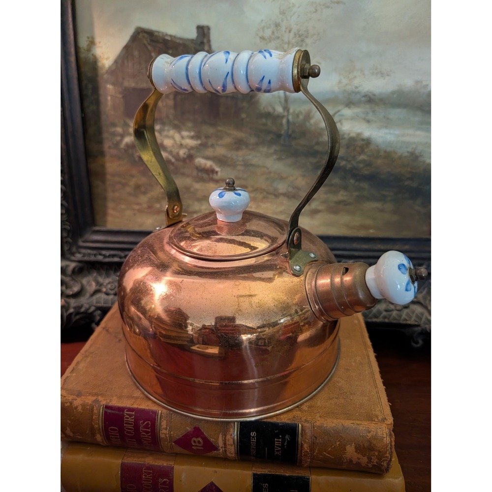 Preferred Stock Copper Tea Kettle Brass Ceramic Blue White Floral Made in Korea